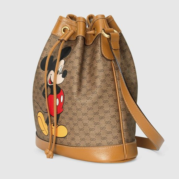 GUCCI GG Disney X Mickey Mouse Print Bucket Leather Tan Brown Italy Bag Mini NEW - Picture 2 of 16